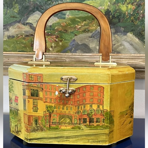 Vintage Handbags - Floral Building Scenic Wood Box Purse Bag Pink Orange Green Vintage 60s 70s